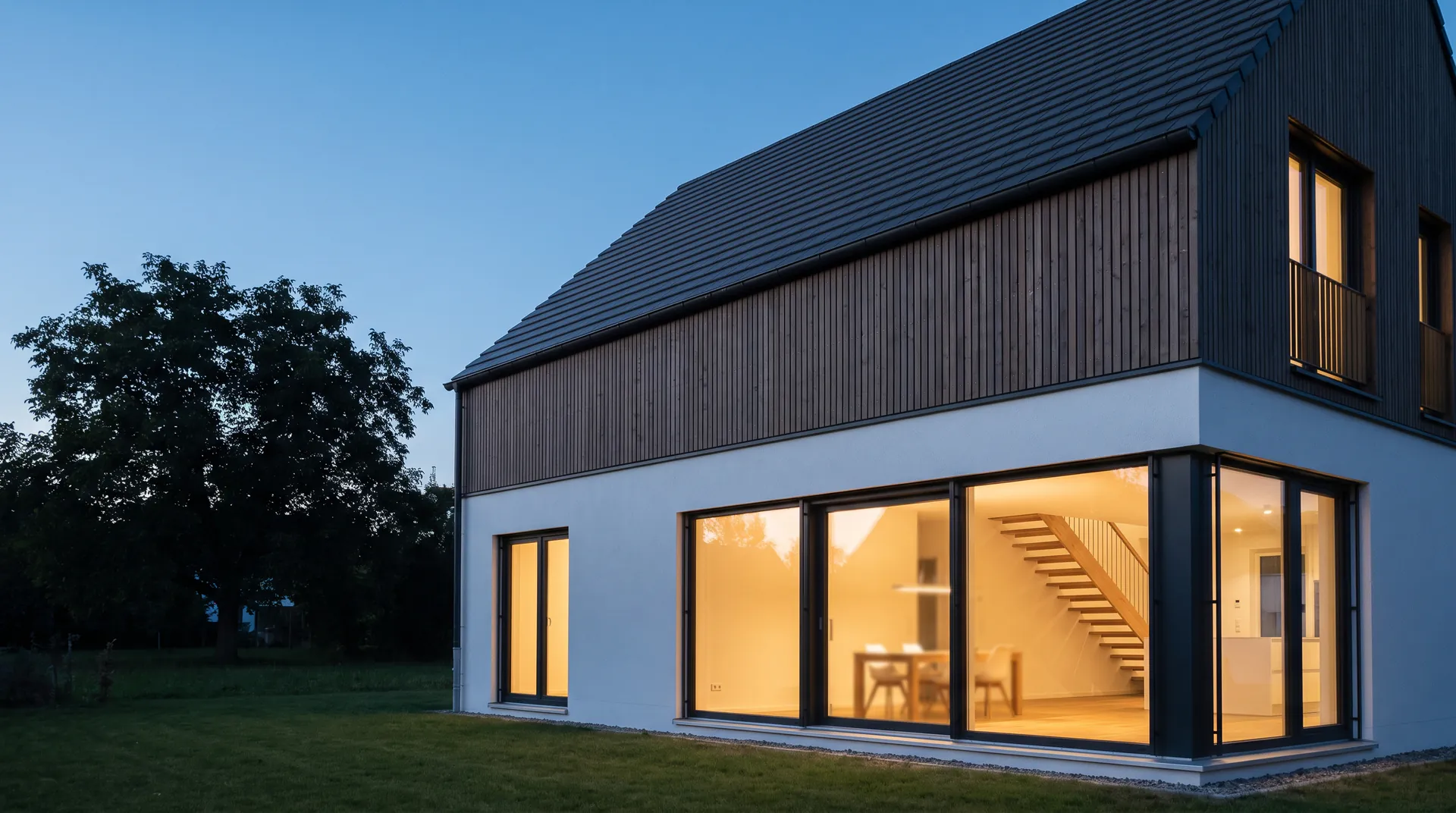 Einfamilienhaus mit Holzfassade und beleuchteten Fenstern am Abend (KI-generiertes Symbolbild)
