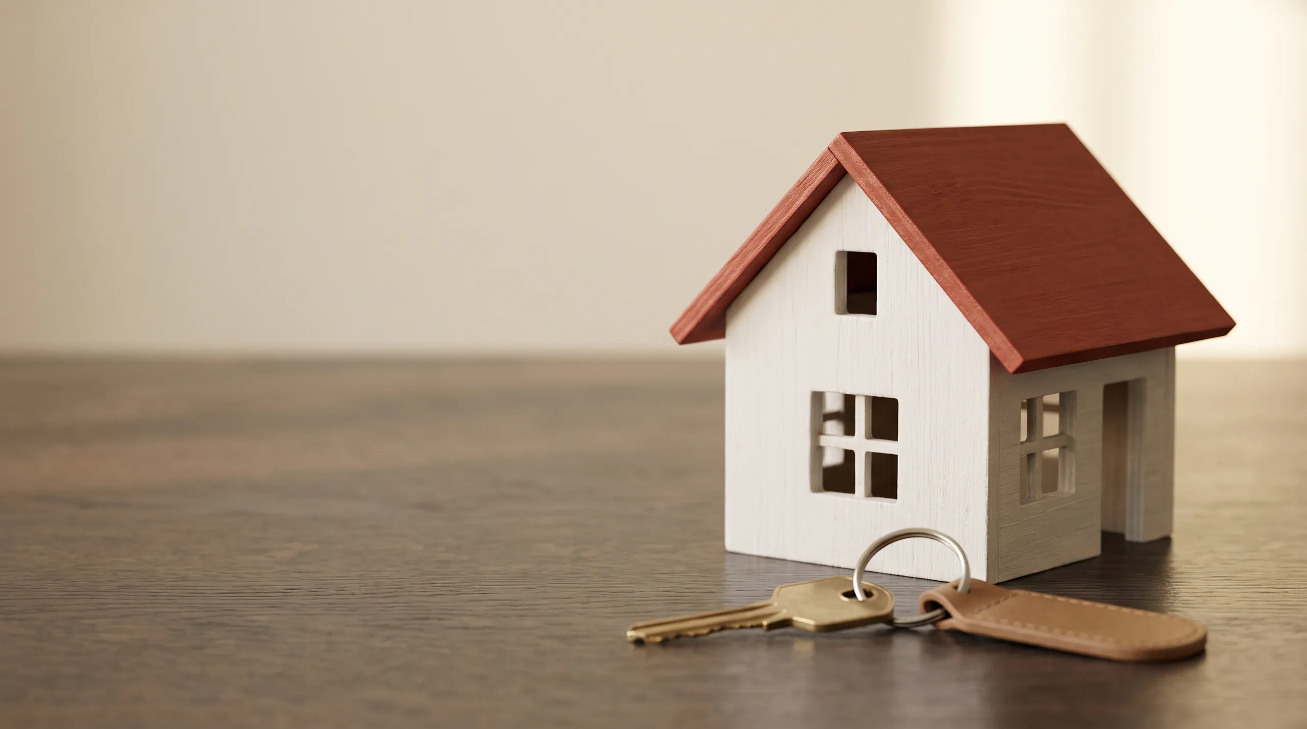 House model with a gabled roof and a house key on a wooden table (AI-generated illustrative image)