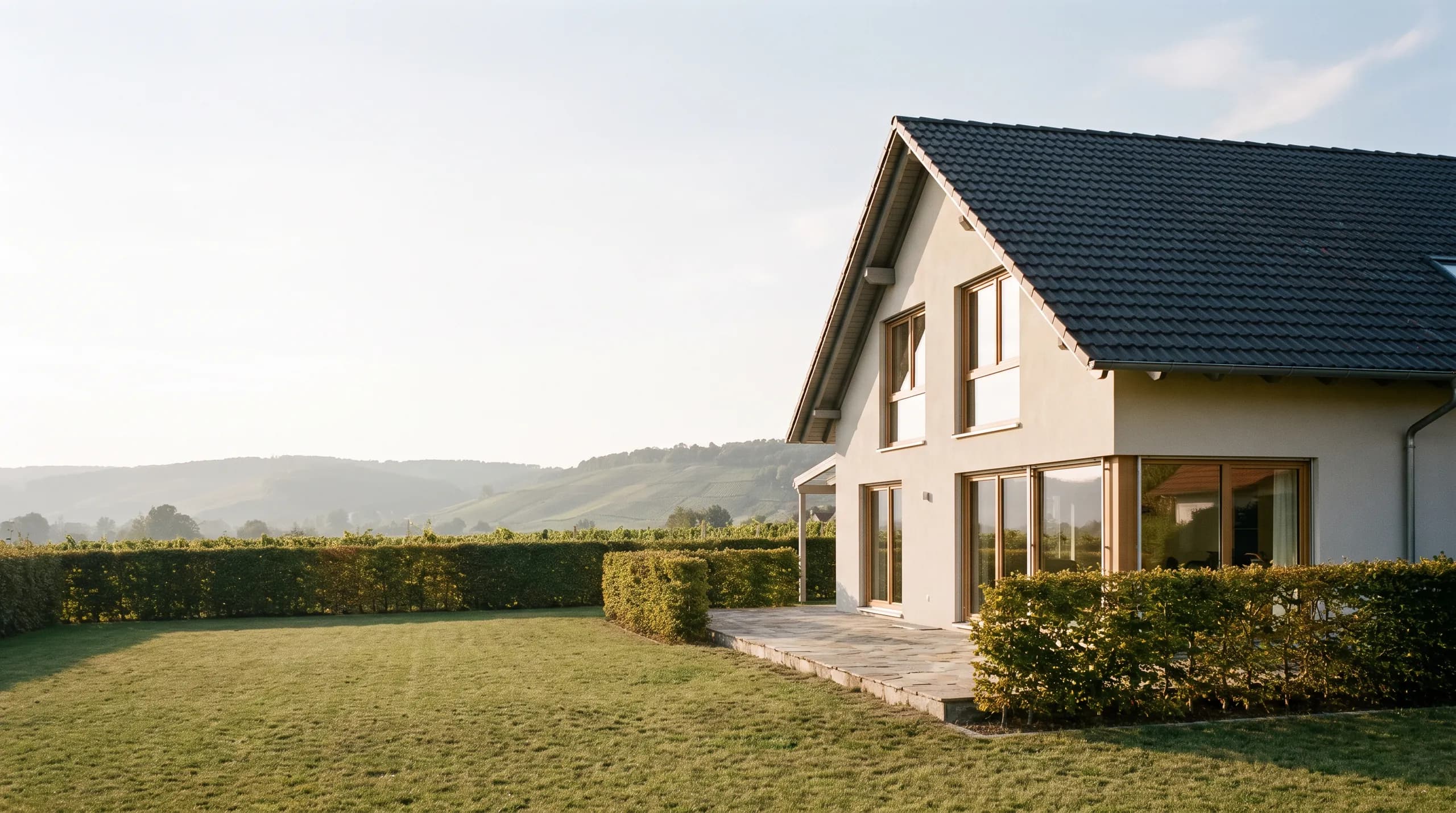 Saniertes Einfamilienhaus mit Satteldach und Terrasse, dahinter Weinberghänge im Spätsommerlicht (KI-generiertes Symbolbild)