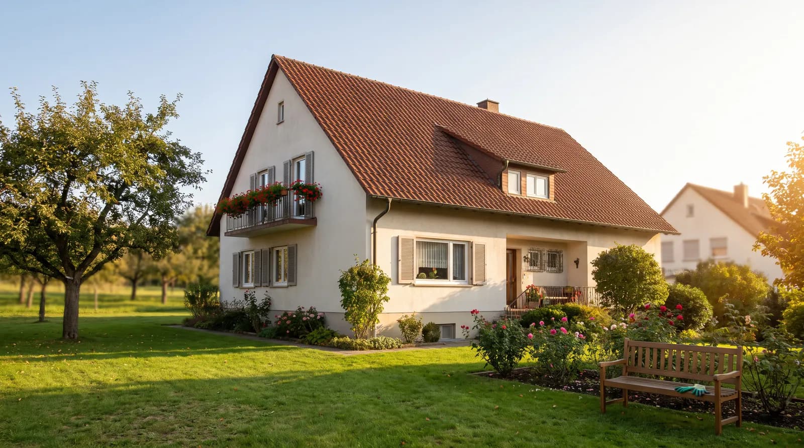 Gepflegtes Einfamilienhaus aus den 1960er-Jahren mit großem Garten in der Herbstsonne (KI-generiertes Symbolbild)