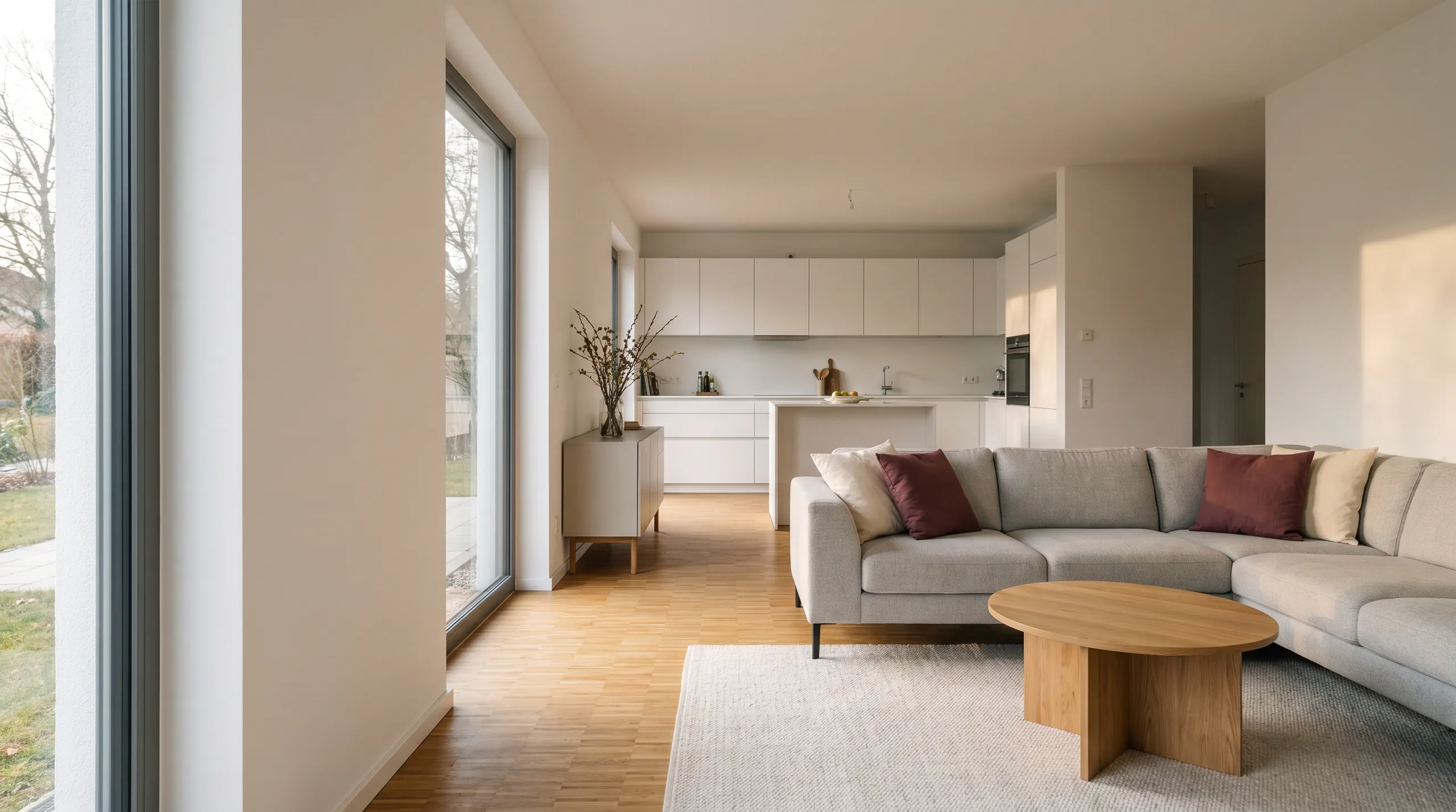 Heller Wohnbereich mit Sofa, Eichenparkett und großen Fenstern zum Garten (KI-generiertes Symbolbild)